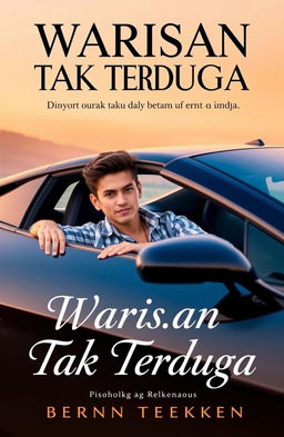 A striking novel cover for "Warisan Tak Terduga" featuring a young man with an expression of determination and ambition, sitting confidently in a sleek, modern sports car