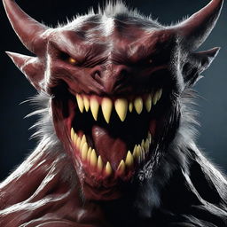 A hyper-realistic, HD digital art image depicting a terrifying, angry monster with sharp fangs, surrounded by darkness