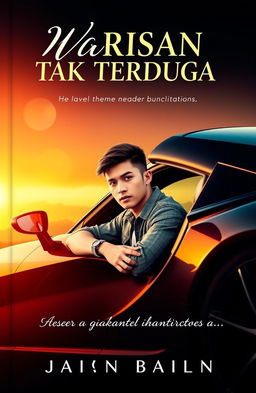 A striking novel cover for "Warisan Tak Terduga" featuring a young man with an expression of determination and ambition, sitting confidently in a sleek, modern sports car