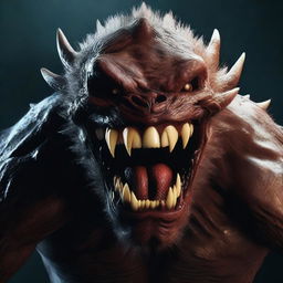 A hyper-realistic, HD digital art image depicting a terrifying, angry monster with sharp fangs, surrounded by darkness