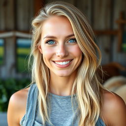 A 35-year-old woman with light blonde hair, styled in a natural and effortless way, showcasing minimal makeup that highlights her authentic beauty