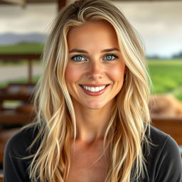 A 35-year-old woman with light blonde hair, styled in a natural and effortless way, showcasing minimal makeup that highlights her authentic beauty