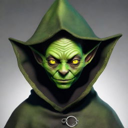 A photo-realistic image of a gothic female goblin, her green skin contrasting with her dark cloak