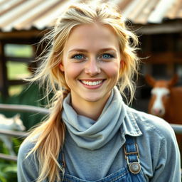 A 35-year-old woman with light blonde hair, styled in a natural and effortless way, showcasing minimal makeup that highlights her authentic beauty