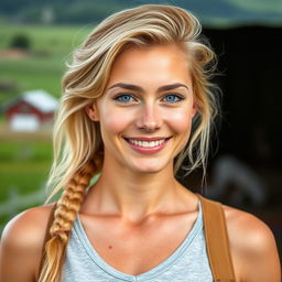 A 35-year-old woman with light blonde hair styled naturally, showcasing minimal makeup that emphasizes her fresh and authentic beauty