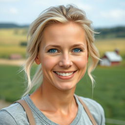 A 35-year-old woman with light blonde hair styled naturally, showcasing minimal makeup that emphasizes her fresh and authentic beauty