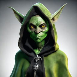 A photo-realistic image of a gothic female goblin, her green skin contrasting with her dark cloak