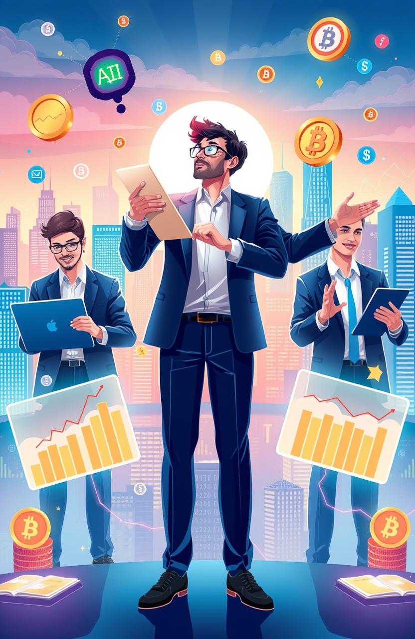 A visually striking editorial illustration that encapsulates the theme of financial freedom through AI