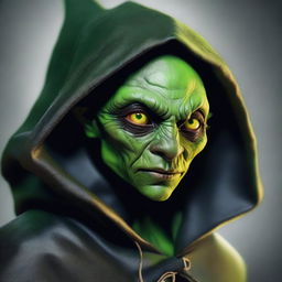 A photo-realistic image of a gothic female goblin, her green skin contrasting with her dark cloak