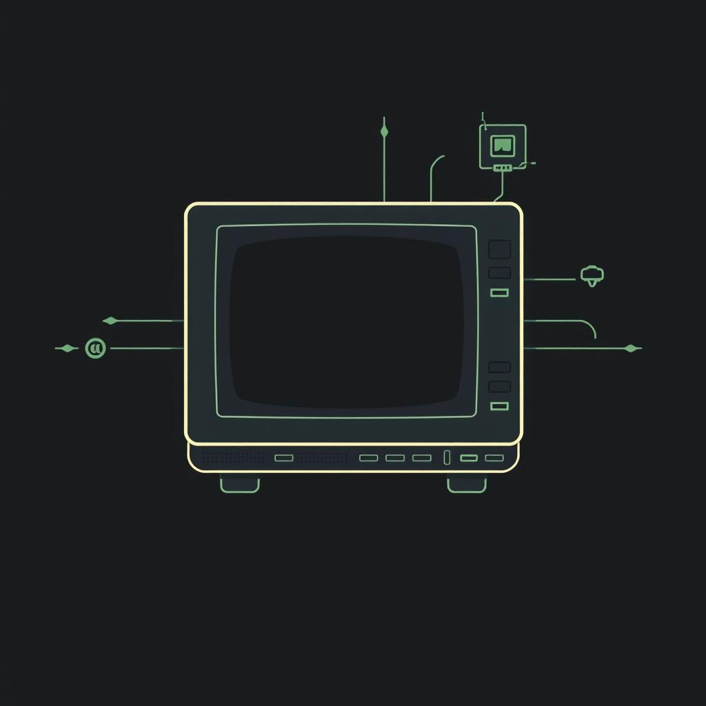 A nostalgic black computer background reminiscent of old school technology, featuring vintage computer elements such as bulky graphics with pixelated icons, a classic green monochrome text display reminiscent of early computer interfaces, retro-style circuit board motifs, and faint lines resembling a CRT screen