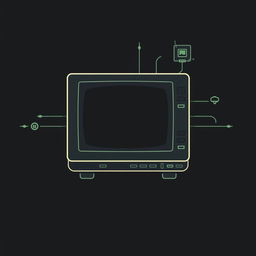 A nostalgic black computer background reminiscent of old school technology, featuring vintage computer elements such as bulky graphics with pixelated icons, a classic green monochrome text display reminiscent of early computer interfaces, retro-style circuit board motifs, and faint lines resembling a CRT screen