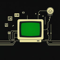 A nostalgic black computer background reminiscent of old school technology, featuring vintage computer elements such as bulky graphics with pixelated icons, a classic green monochrome text display reminiscent of early computer interfaces, retro-style circuit board motifs, and faint lines resembling a CRT screen