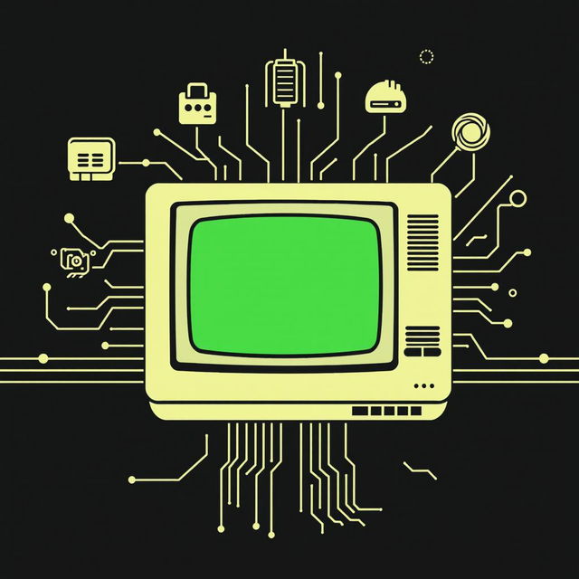 A nostalgic black computer background reminiscent of old school technology, featuring vintage computer elements such as bulky graphics with pixelated icons, a classic green monochrome text display reminiscent of early computer interfaces, retro-style circuit board motifs, and faint lines resembling a CRT screen