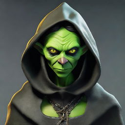 A photo-realistic image of a gothic female goblin, her green skin contrasting with her dark cloak