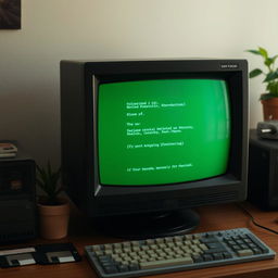 An old black computer screen displaying a vintage green text interface, with visible pixelation and a slight glow, placed on a wooden desk surrounded by retro technology items like floppy disks, a keyboard, and a small potted plant