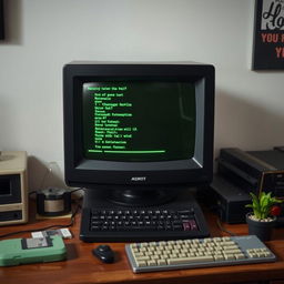 An old black computer screen displaying a vintage green text interface, with visible pixelation and a slight glow, placed on a wooden desk surrounded by retro technology items like floppy disks, a keyboard, and a small potted plant