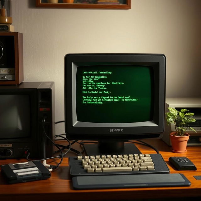 An old black computer screen displaying a vintage green text interface, with visible pixelation and a slight glow, placed on a wooden desk surrounded by retro technology items like floppy disks, a keyboard, and a small potted plant