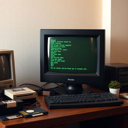 An old black computer screen displaying a vintage green text interface, with visible pixelation and a slight glow, placed on a wooden desk surrounded by retro technology items like floppy disks, a keyboard, and a small potted plant