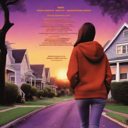 A movie poster featuring a girl in a red hoodie walking down a suburban street at sunset