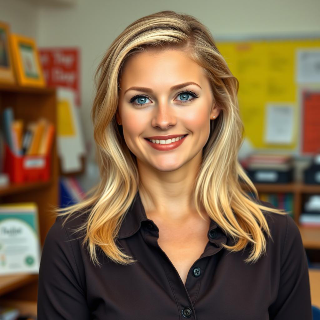 A 35-year-old woman with light blonde hair, styled neatly to reflect her professional role, showcasing minimal makeup that enhances her natural charm