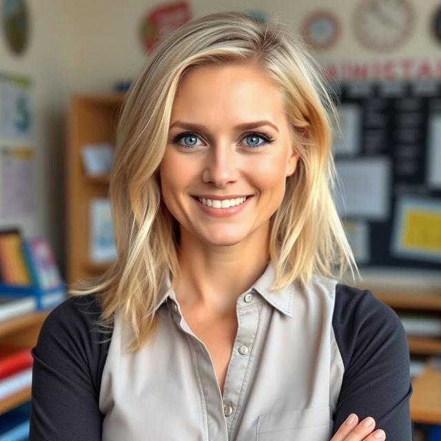 A 35-year-old woman with light blonde hair, styled neatly to reflect her professional role, showcasing minimal makeup that enhances her natural charm