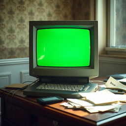 An old computer screen sitting on a vintage wooden desk, surrounded by scattered papers and a floppy disk