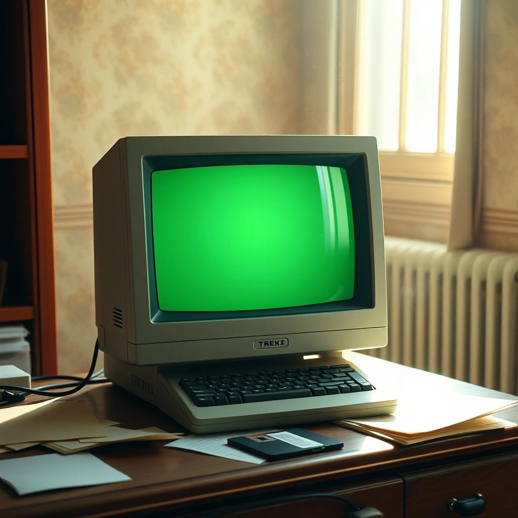 An old computer screen sitting on a vintage wooden desk, surrounded by scattered papers and a floppy disk