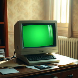 An old computer screen sitting on a vintage wooden desk, surrounded by scattered papers and a floppy disk