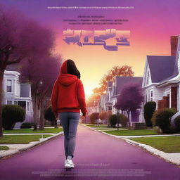 A movie poster featuring a girl in a red hoodie walking down a suburban street at sunset