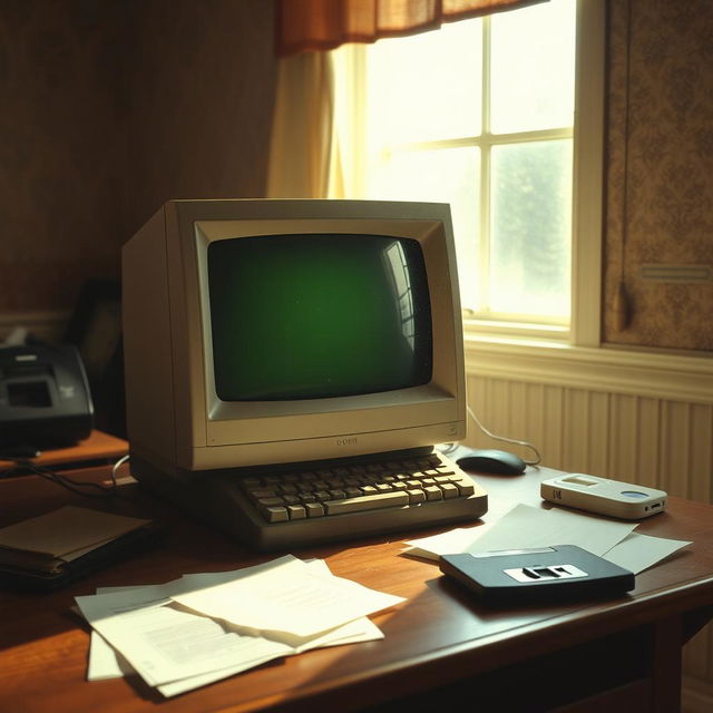 An old computer screen sitting on a vintage wooden desk, surrounded by scattered papers and a floppy disk