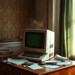 An old computer screen sitting on a vintage wooden desk, surrounded by scattered papers and a floppy disk