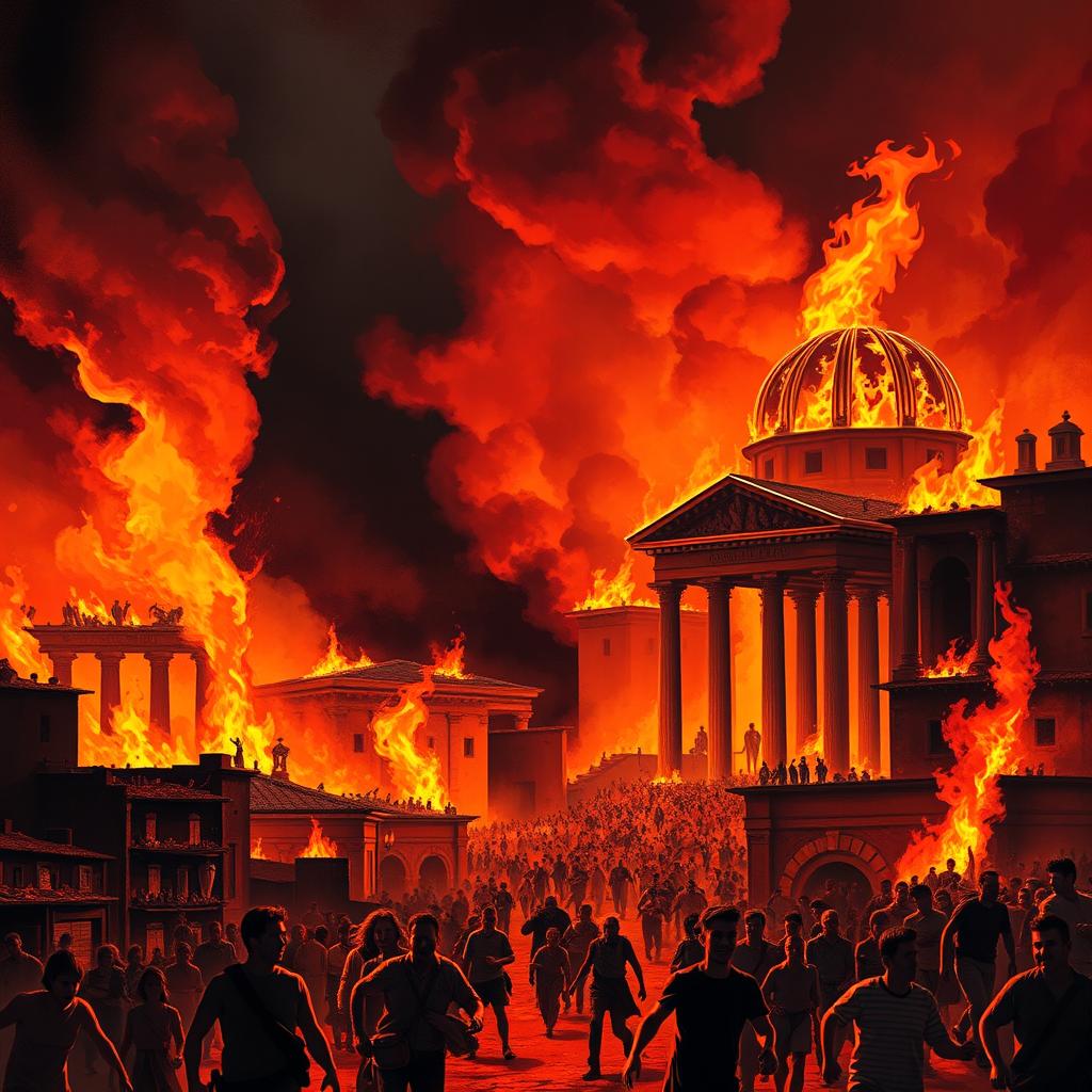 An artistic depiction of the Great Fire of Rome, illustrating the chaos and destruction that engulfed the city in AD 64