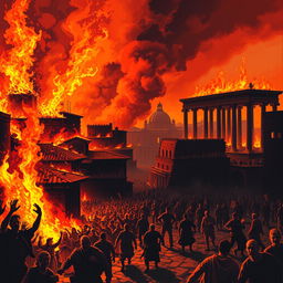 An artistic depiction of the Great Fire of Rome, illustrating the chaos and destruction that engulfed the city in AD 64