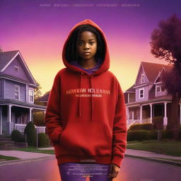 A movie poster featuring a girl in a red hoodie walking down a suburban street at sunset