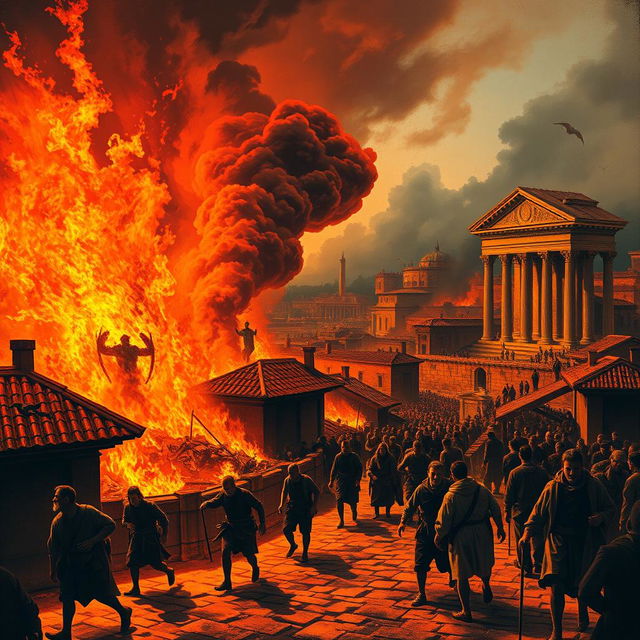 An artistic depiction of the Great Fire of Rome, illustrating the chaos and destruction that engulfed the city in AD 64