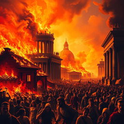 An artistic depiction of the Great Fire of Rome, illustrating the chaos and destruction that engulfed the city in AD 64