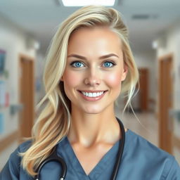 A 35-year-old woman with light blonde hair, styled professionally yet simply, showcasing minimal makeup that accentuates her natural beauty