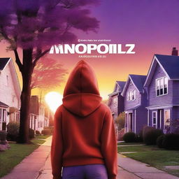 A movie poster featuring a girl in a red hoodie walking down a suburban street at sunset