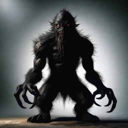 A hyper-realistic, HD digital art image depicting a terrifying monster that resembles a shadow, surrounded by darkness