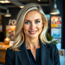 A 39-year-old woman with light blonde hair, styled elegantly yet simply to reflect her professional demeanor