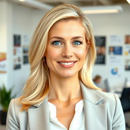 A 39-year-old woman with light blonde hair, styled elegantly yet simply to reflect her professional demeanor