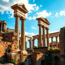 A captivating depiction of Roman architectural ruins, showcasing the remnants of ancient structures such as crumbling temples, archways, and colonnades bathed in warm sunlight