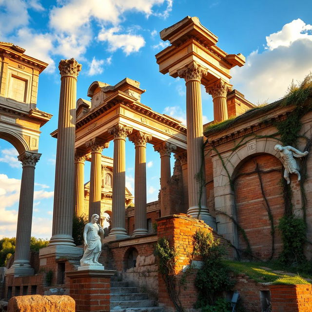 A captivating depiction of Roman architectural ruins, showcasing the remnants of ancient structures such as crumbling temples, archways, and colonnades bathed in warm sunlight