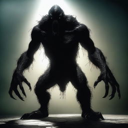 A hyper-realistic, HD digital art image depicting a terrifying monster that resembles a shadow, surrounded by darkness