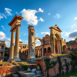 A captivating depiction of Roman architectural ruins, showcasing the remnants of ancient structures such as crumbling temples, archways, and colonnades bathed in warm sunlight