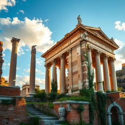 A captivating depiction of Roman architectural ruins, showcasing the remnants of ancient structures such as crumbling temples, archways, and colonnades bathed in warm sunlight