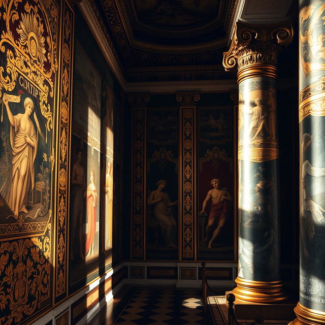 A stunning depiction of the gold-adorned walls of ancient Rome, showcasing the opulence and intricate craftsmanship of the period