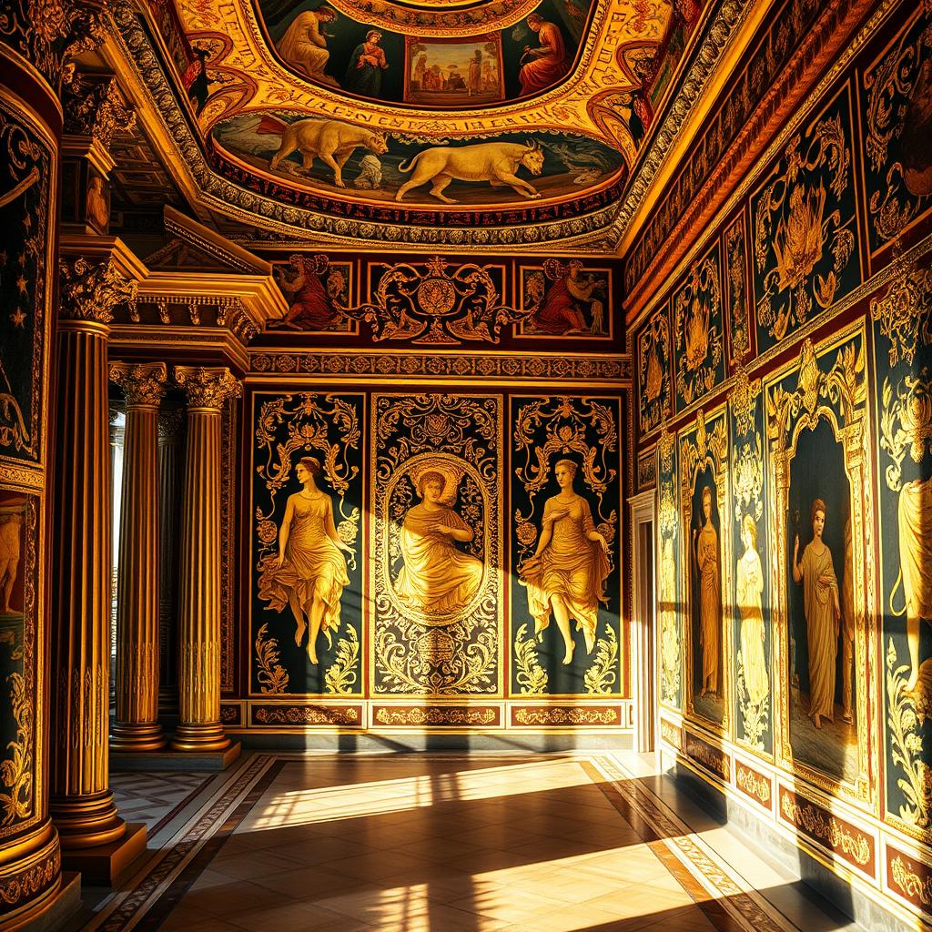 A stunning depiction of the gold-adorned walls of ancient Rome, showcasing the opulence and intricate craftsmanship of the period