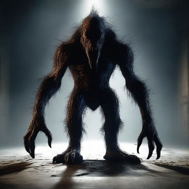 A hyper-realistic, HD digital art image depicting a terrifying monster that resembles a shadow, surrounded by darkness