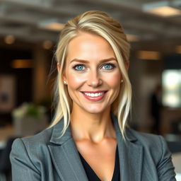 A 39-year-old woman with light blonde hair, elegantly styled in a professional manner, showcasing minimal makeup to highlight her natural beauty